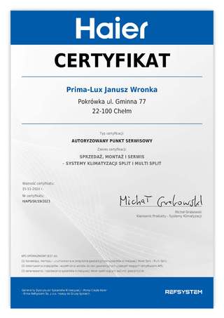 Certyfikat autoryzacyjny HAIER
